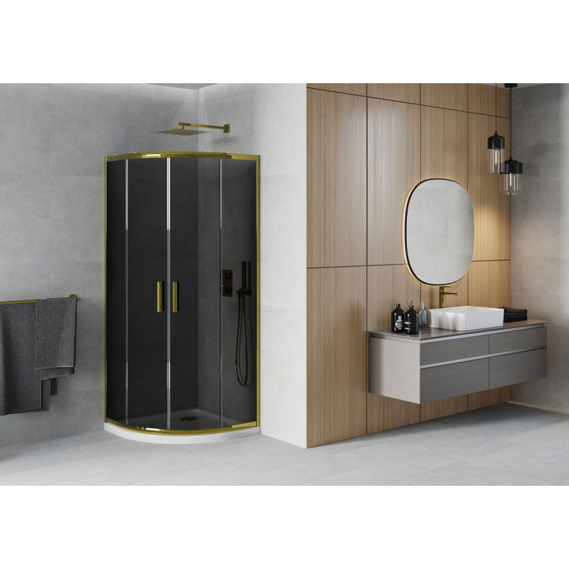 Mexen Rio semi-circular shower cabin 90 x 90 cm, graphite, gold + Flat shower tray, white - 863-090-090-50-40-4110G