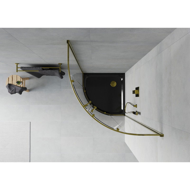 Mexen Rio semi-circular shower enclosure 90 x 90 cm, transparent, gold + Flat tray, black - 863-090-090-50-00-4170G