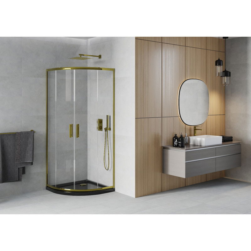 Mexen Rio semi-circular shower enclosure 90 x 90 cm, transparent, gold + Flat tray, black - 863-090-090-50-00-4170G