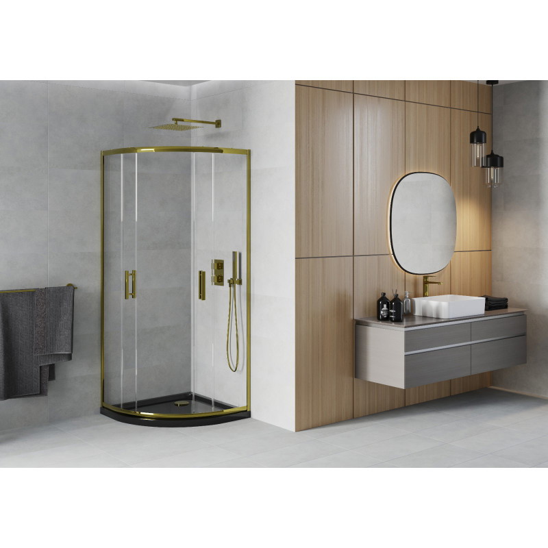 Mexen Rio corner shower cabin 90 x 90 cm, transparent, gold + Flat shower tray, black - 863-090-090-50-00-4170G