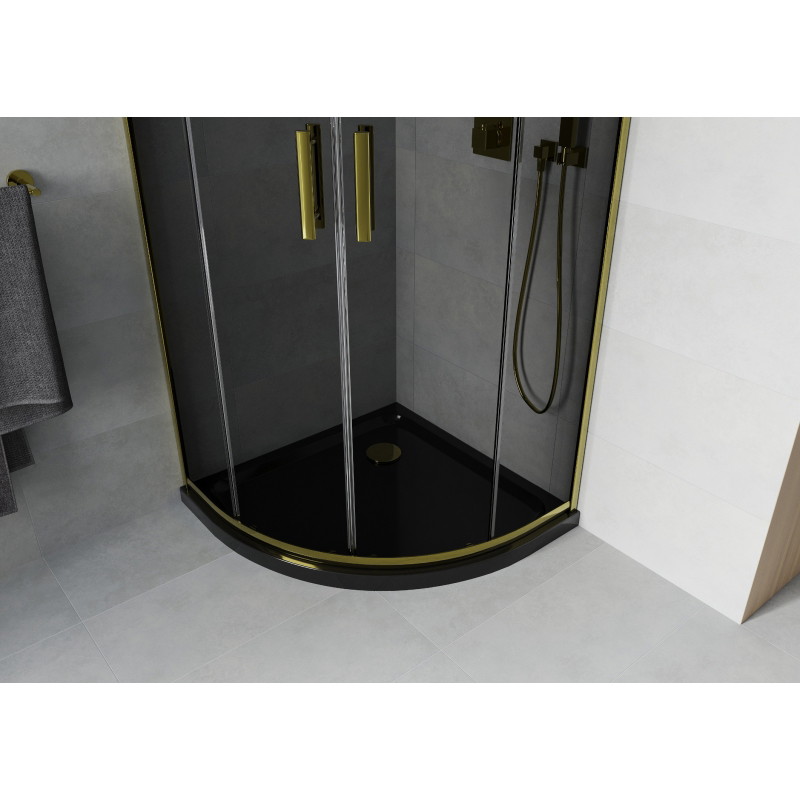 Mexen Rio semi-circular shower enclosure 90 x 90 cm, graphite, gold + Flat shower tray, black - 863-090-090-50-40-4170G