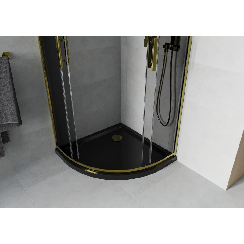 Mexen Rio semi-circular shower enclosure 90 x 90 cm, graphite, gold + Flat shower tray, black - 863-090-090-50-40-4170G