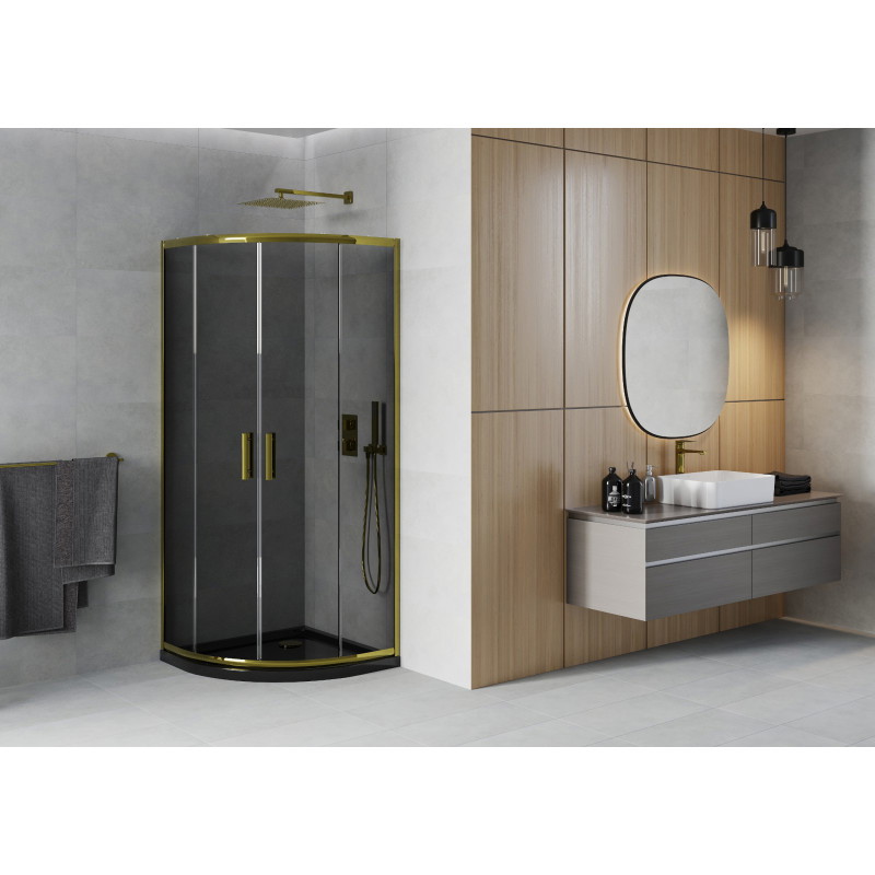 Mexen Rio semi-circular shower cabin 90 x 90 cm, graphite, gold + Flat shower tray, black - 863-090-090-50-40-4170G
