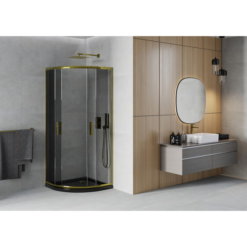 Mexen Rio semi-circular shower cabin 90 x 90 cm, graphite, gold + Flat shower tray, black - 863-090-090-50-40-4170G