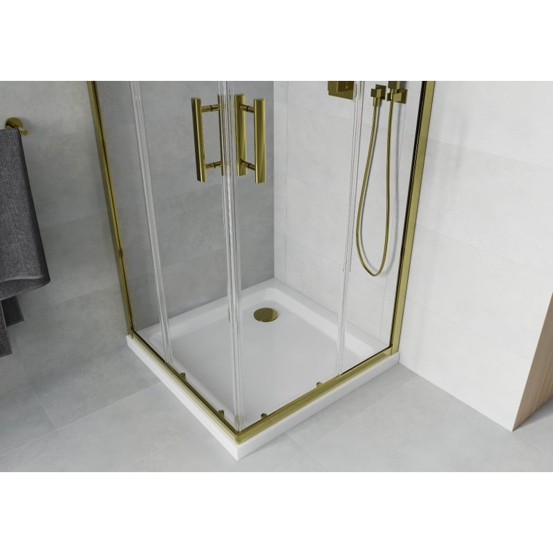 Mexen Rio square shower enclosure 80 x 80 cm, transparent, gold + Flat shower tray, white - 860-080-080-50-00-4010G