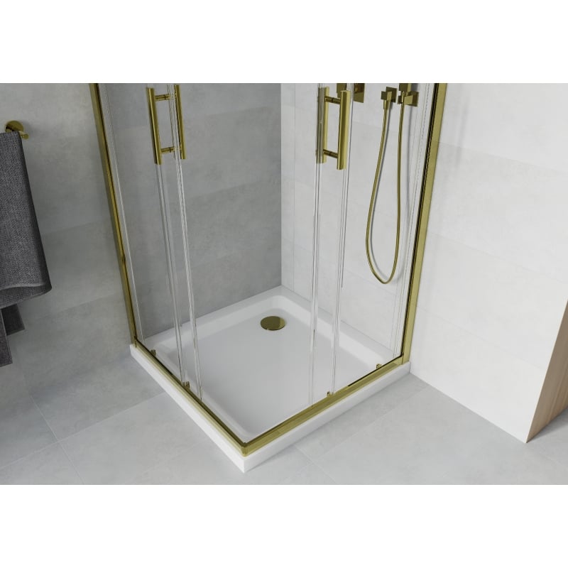 Mexen Rio square shower enclosure 80 x 80 cm, transparent, gold + Flat shower tray, white - 860-080-080-50-00-4010G