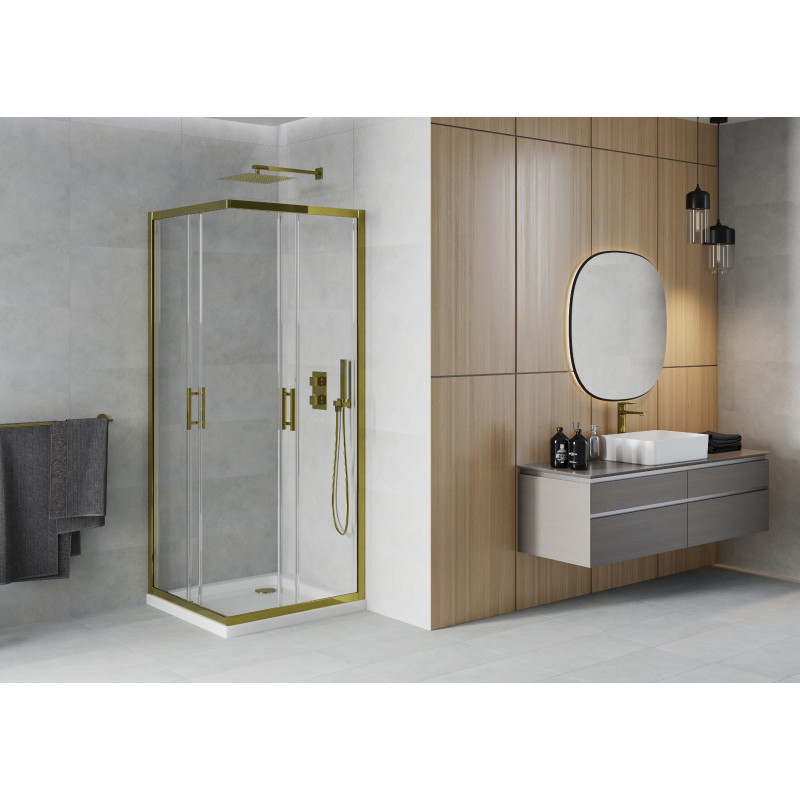 Mexen Rio 90 x 90 cm Square Shower Cabin, Transparent, Gold + Flat Shower Tray, White - 860-090-090-50-00-4010G