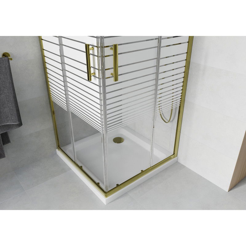 Mexen Rio square shower cabin 80 x 80 cm, white stripes, gold + Flat tray, white - 860-080-080-50-20-4010G