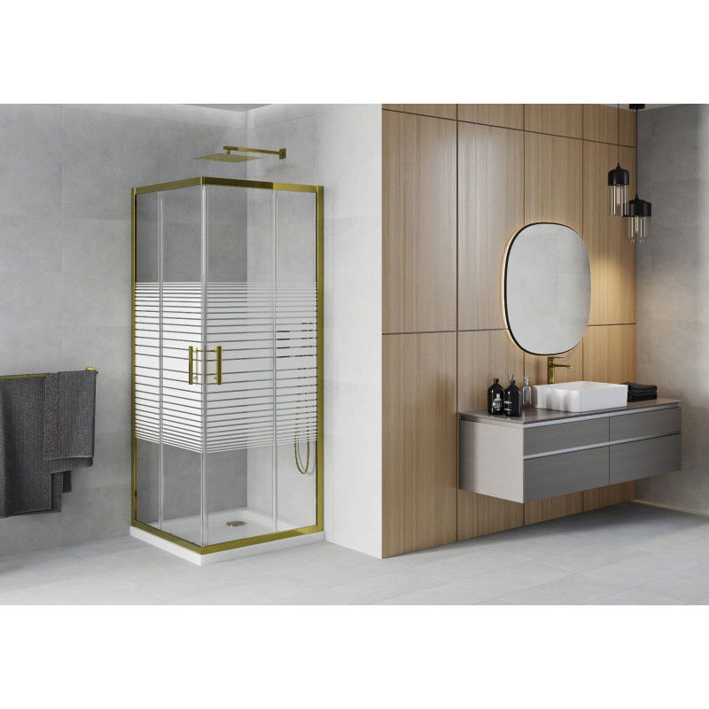 Mexen Rio square shower cabin 80 x 80 cm, white stripes, gold + Flat tray, white - 860-080-080-50-20-4010G