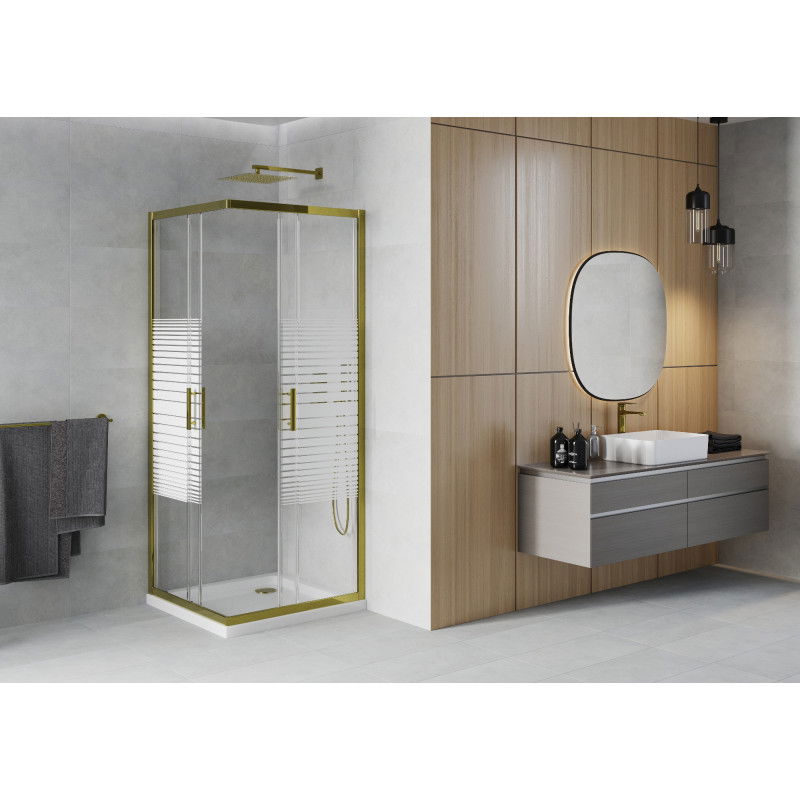 Mexen Rio square shower cabin 90 x 90 cm, white stripes, gold + Flat tray, white - 860-090-090-50-20-4010G