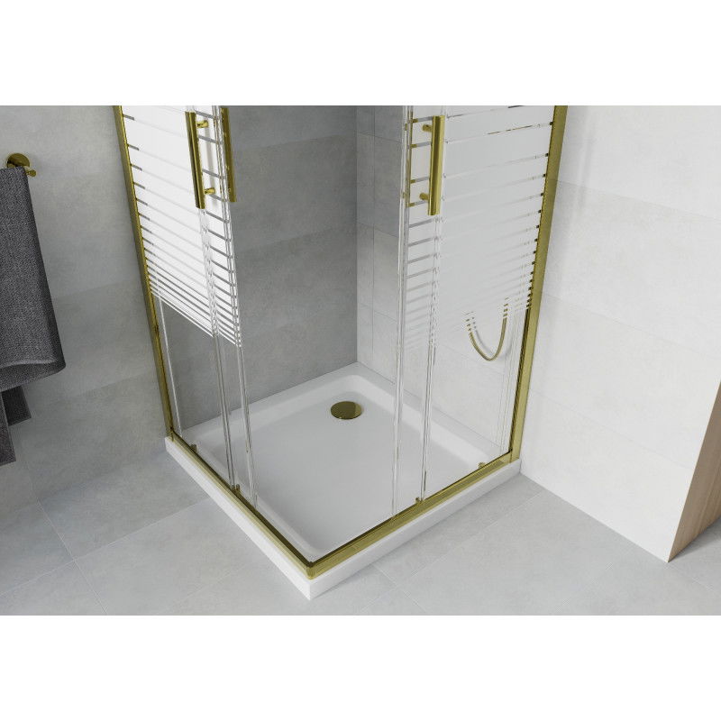 Mexen Rio square shower cabin 90 x 90 cm, white stripes, gold + Flat tray, white - 860-090-090-50-20-4010G