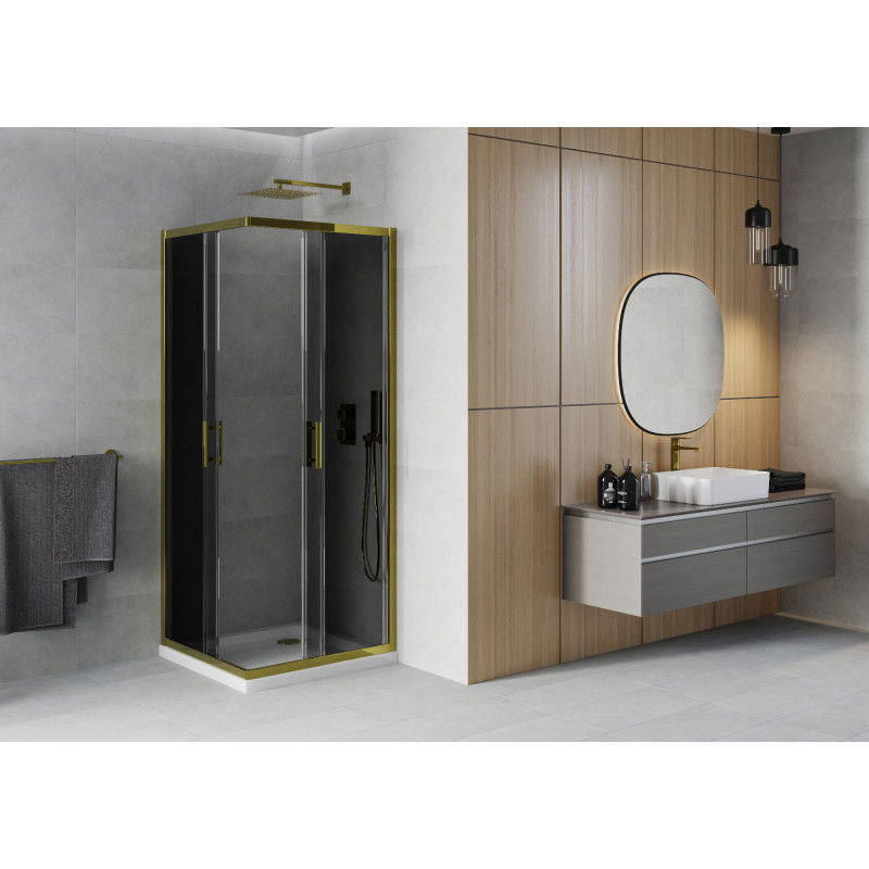 Mexen Rio square shower enclosure 90 x 90 cm, graphite, gold + Flat shower tray, white - 860-090-090-50-40-4010G
