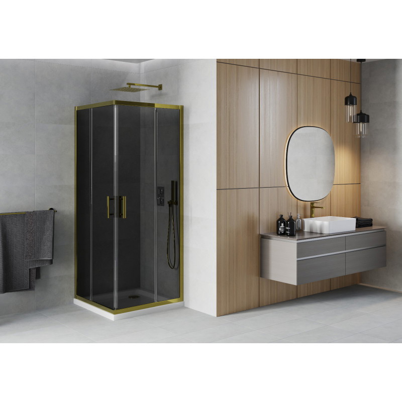 Mexen Rio square shower cabin 90 x 90 cm, graphite, gold + Flat shower tray, white - 860-090-090-50-40-4010G