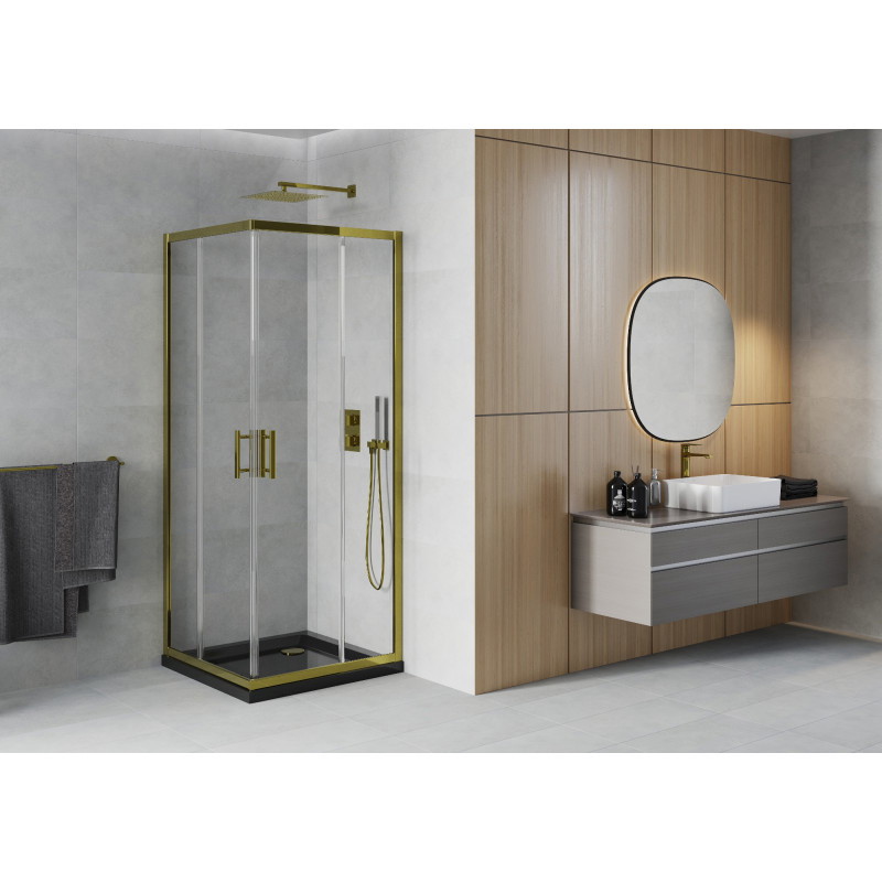 Mexen Rio square shower cabin 80 x 80 cm, transparent, gold + Flat shower tray, black - 860-080-080-50-00-4070G