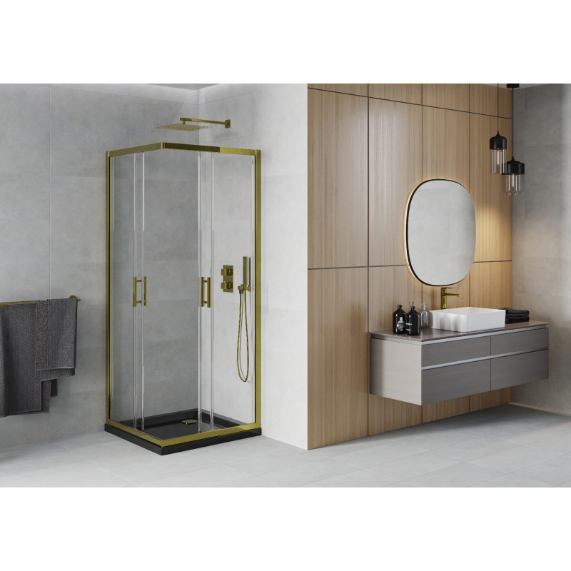 Mexen Rio square shower cabin 90 x 90 cm, transparent, gold + Flat black shower tray - 860-090-090-50-00-4070G