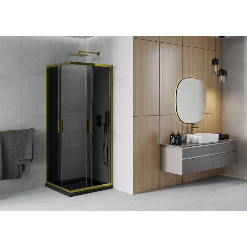 Mexen Rio square shower cabin 90 x 90 cm, graphite, gold + Flat tray, black- 860-090-090-50-40-4070G