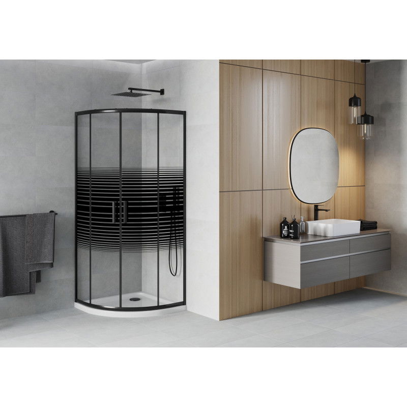 Mexen Rio semi-circular shower cabin 80 x 80 cm, black stripes, black + Flat shower tray, white - 863-080-080-70-20-4110B