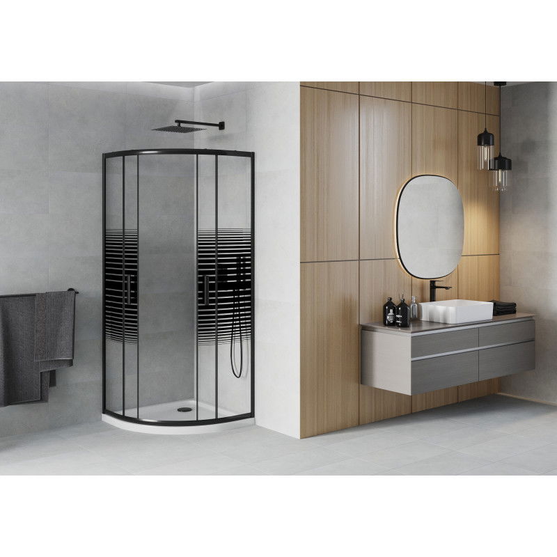 Mexen Rio semi-circular shower cabin 80 x 80 cm, black stripes, black + Flat shower tray, white - 863-080-080-70-20-4110B