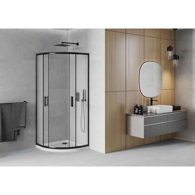 Mexen Rio semi-circular shower cabin 90 x 90 cm, frost, black + Flat tray, white - 863-090-090-70-30-4110B