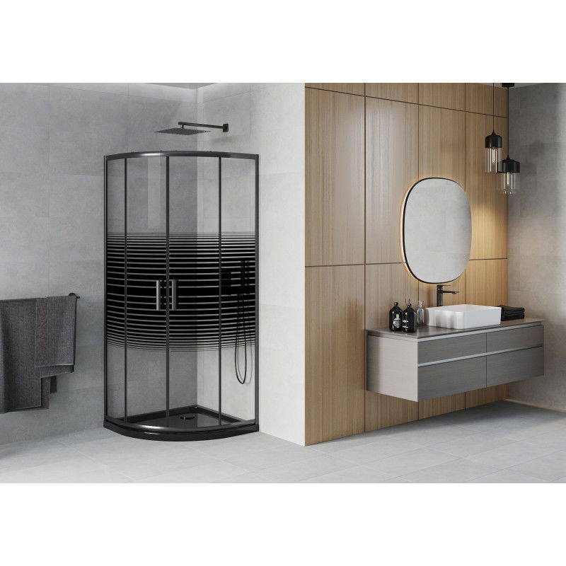 Mexen Rio semi-circular shower cabin 80 x 80 cm, black stripes, black + Flat tray, black - 863-080-080-70-20-4170B