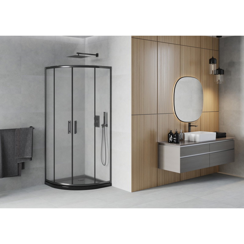 Mexen Rio semi-circular shower cabin 90 x 90 cm, frost, black + Flat shower tray, black - 863-090-090-70-30-4170B
