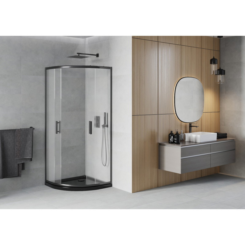 Mexen Rio semi-circular shower cabin 90 x 90 cm, frost, black + Flat shower tray, black - 863-090-090-70-30-4170B