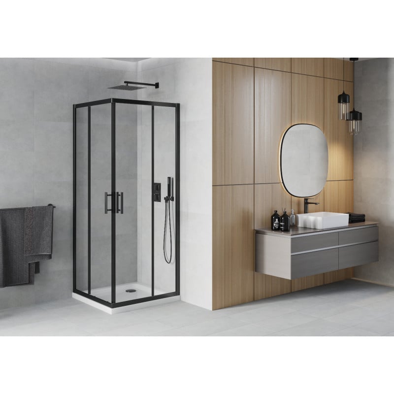 Mexen Rio 80x80 cm Square Shower Enclosure, Transparent, Black + Flat Tray, White - 860-080-080-70-00-4010B