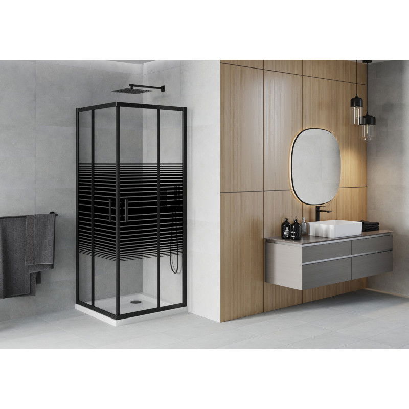 Mexen Rio square shower cabin 90 x 90 cm, black stripes, black + Flat tray, white - 860-090-090-70-20-4010B