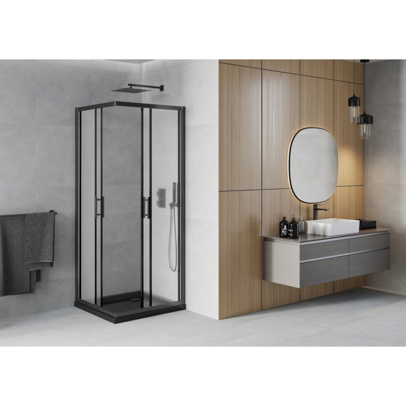 Mexen Rio 80 x 80 cm Square Shower Cabin, Frosted, Black + Flat Tray, Black - 860-080-080-70-30-4070B