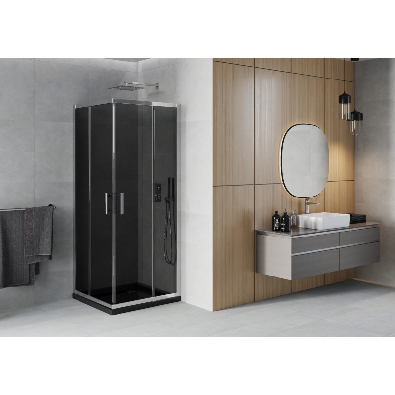 Mexen Rio 70 x 70 cm square shower cabin, graphite, chrome + Flat black shower tray - 860-070-070-01-40-4070