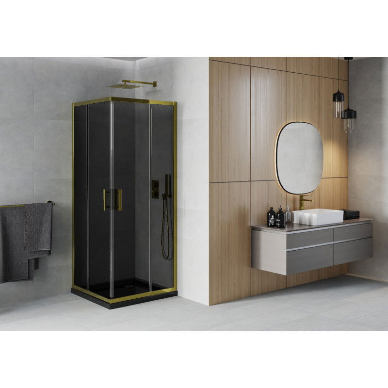 Mexen Rio square shower enclosure 70 x 70 cm, graphite, gold + Flat tray, black - 860-070-070-50-40-4070G