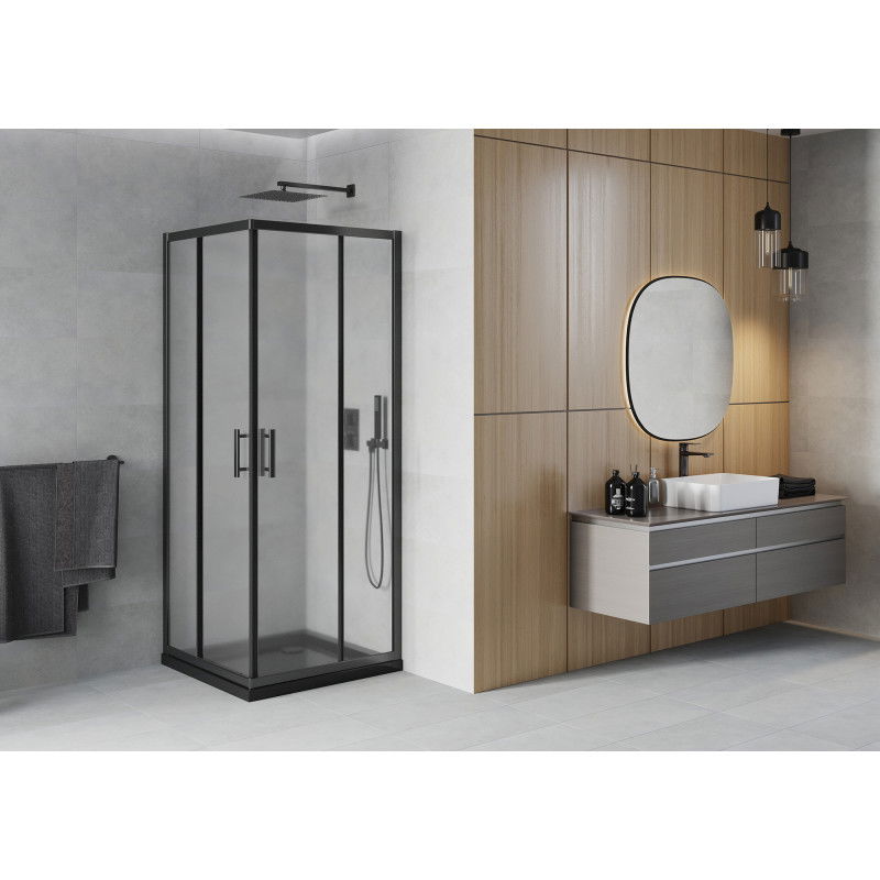 Mexen Rio Square Shower Enclosure 70 x 70 cm, Frosted, Black + Flat Tray, Black - 860-070-070-70-30-4070B