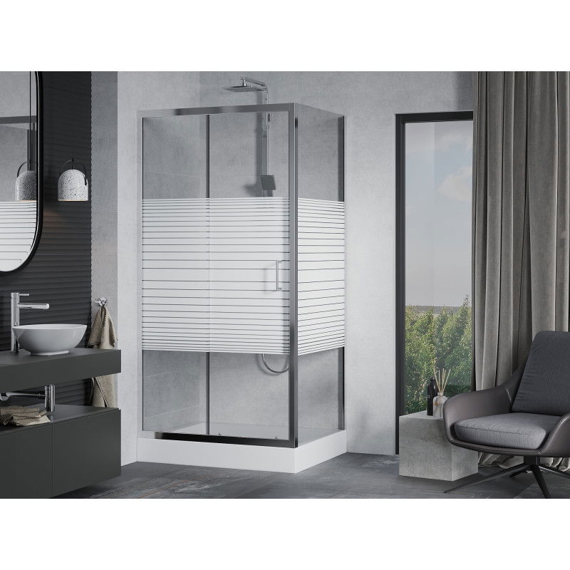 Mexen Apia sliding shower cabin 120 x 80 cm, white stripes, chrome + Rio shower tray - 840-120-080-01-20-4510