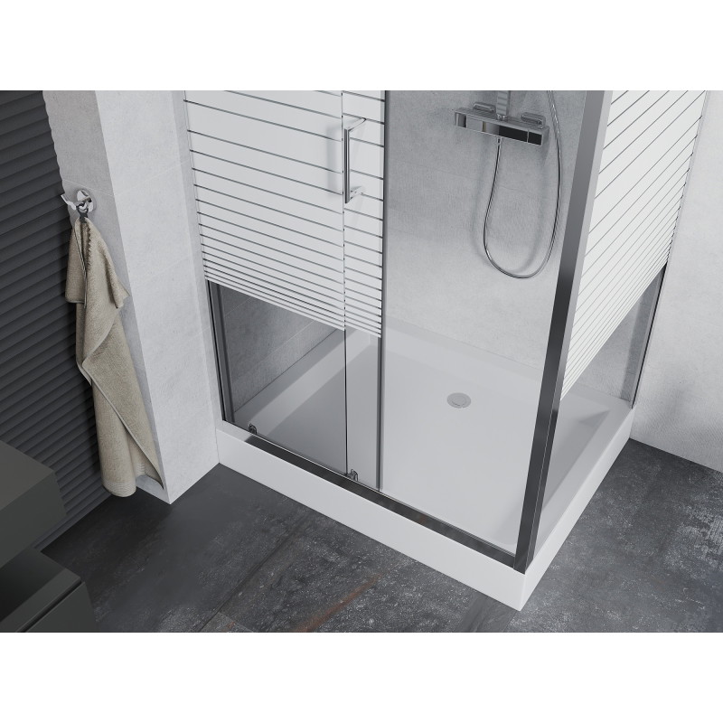Mexen Apia sliding shower enclosure 120 x 90 cm, white stripes, chrome + Rio shower tray - 840-120-090-01-20-4510