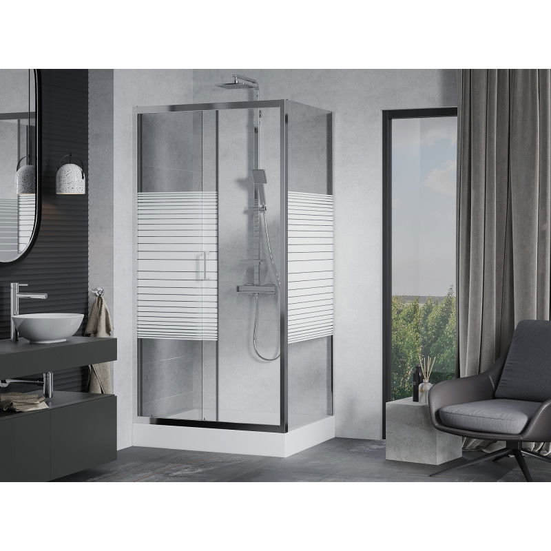Mexen Apia sliding shower cabin 120 x 90 cm, white stripes, chrome + Rio shower tray - 840-120-090-01-20-4510