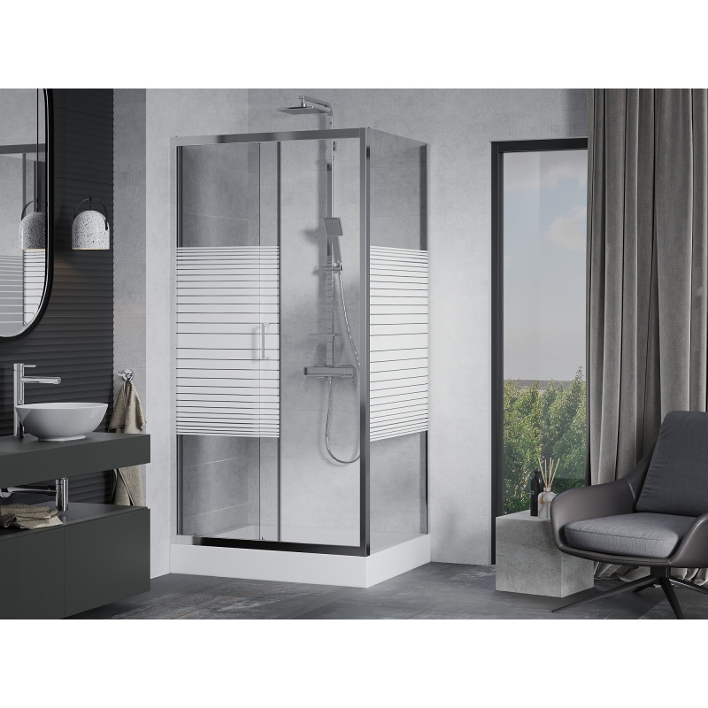 Mexen Apia sliding shower enclosure 120 x 90 cm, white stripes, chrome + Rio shower tray - 840-120-090-01-20-4510