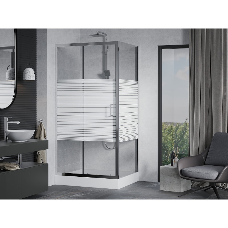 Mexen Apia sliding shower enclosure 120 x 90 cm, white stripes, chrome + Rio shower tray - 840-120-090-01-20-4510