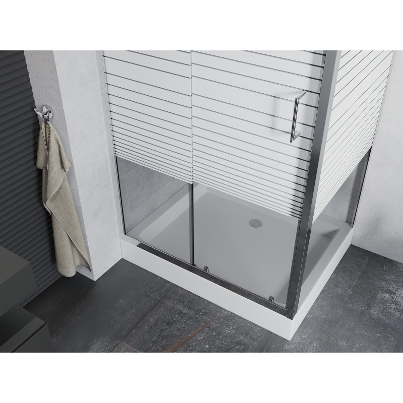 Mexen Apia sliding shower enclosure 120 x 90 cm, white stripes, chrome + Rio shower tray - 840-120-090-01-20-4510