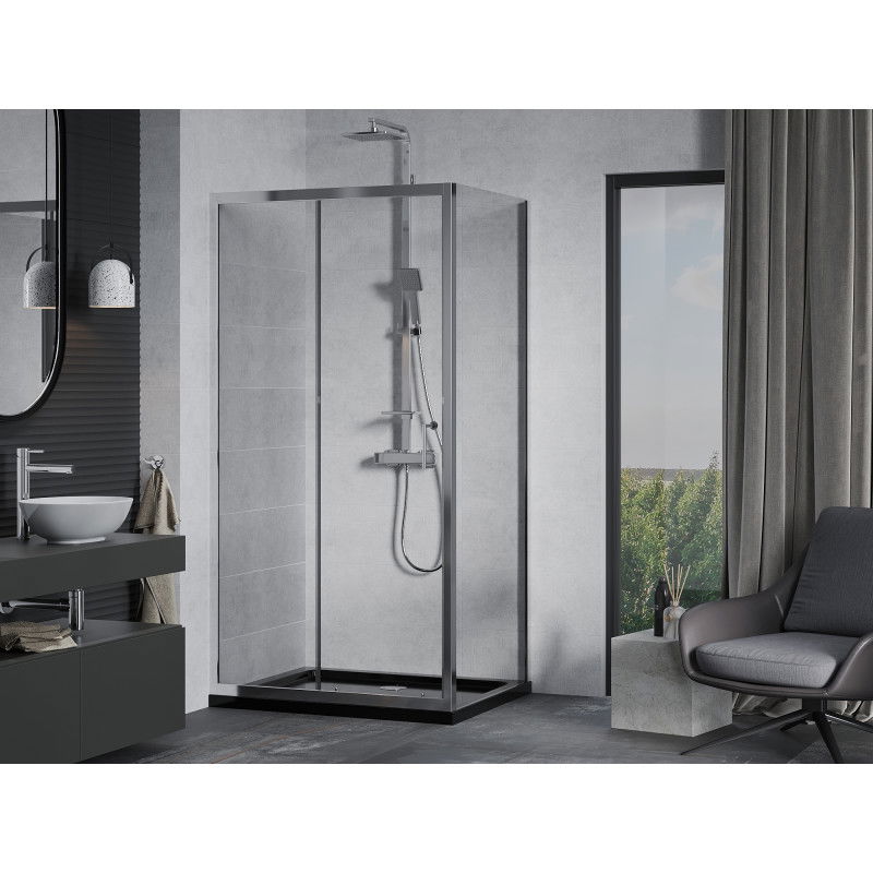 Mexen Apia sliding shower enclosure 100 x 90 cm, transparent, chrome + Flat tray, black - 840-100-090-01-00-4070