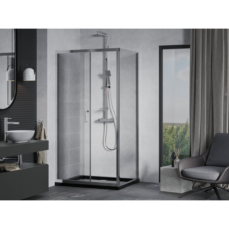 Mexen Apia sliding shower cabin 110 x 80 cm, transparent, chrome + Flat shower tray, black - 840-110-080-01-00-4070