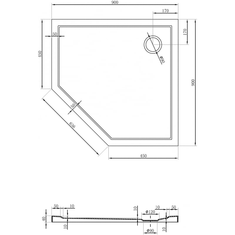 Mexen Flow pentagonal slim shower tray 90 x 90 cm, white gloss - 46P109090