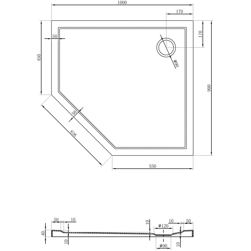 Mexen Flow pentagonal slim shower tray right 100 x 90 cm, white gloss - 46P109010R