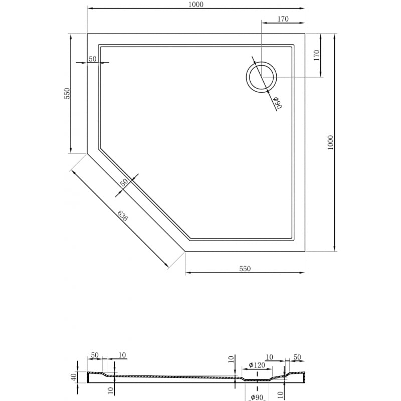 Mexen Flow pentagonal shower tray slim 100 x 100 cm, white gloss - 46P101010