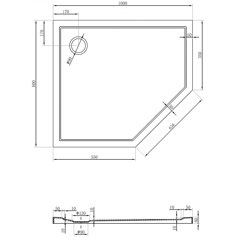 Mexen Flow pentagonal shower tray slim left 100 x 80 cm, black matt - 46P708010L