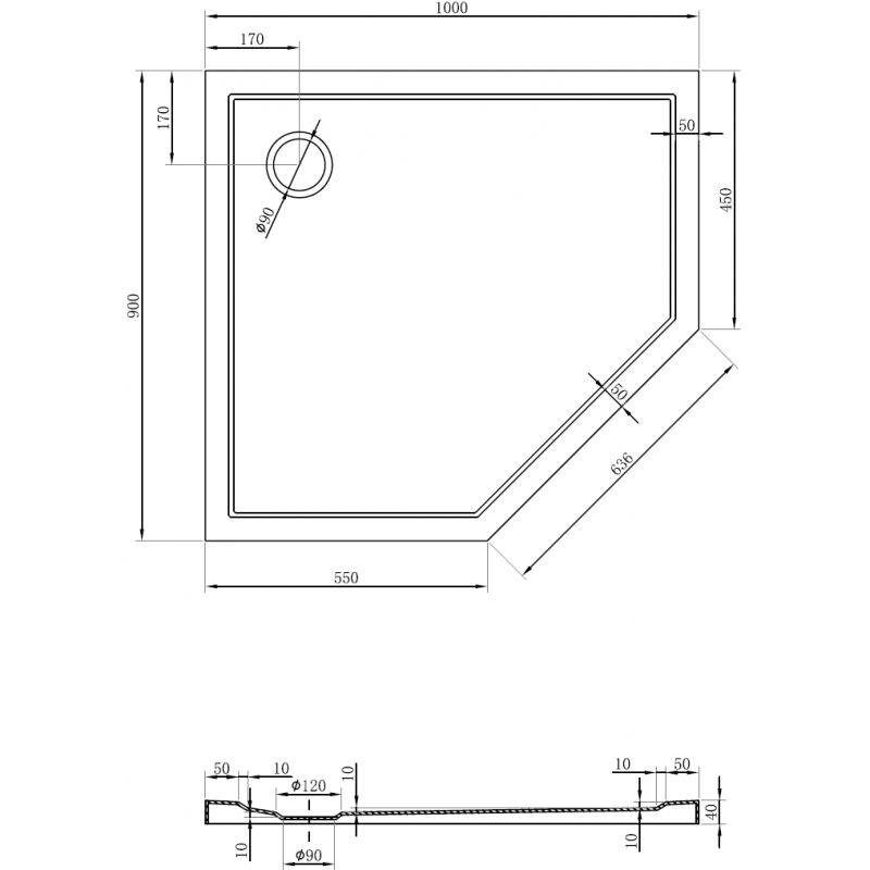 Mexen Flow pentagonal shower tray slim left 100 x 90 cm, black matt - 46P709010L