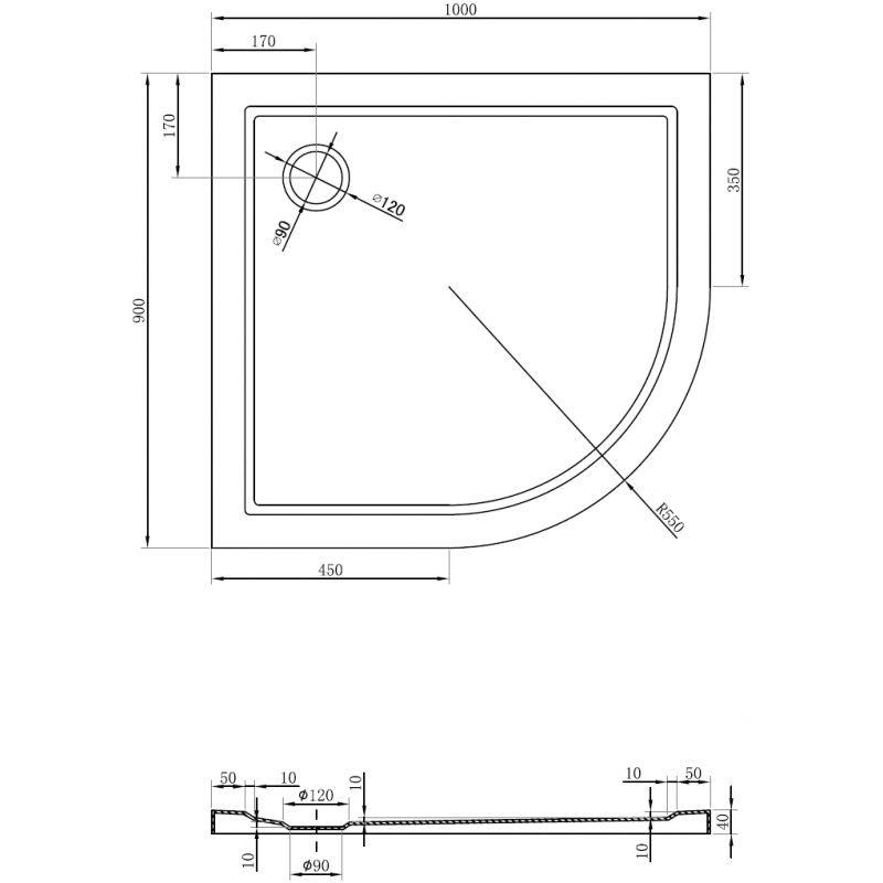 Mexen Flow semi-circular asymmetrical slim left shower tray 100 x 90 cm, white gloss - 46Q109010L