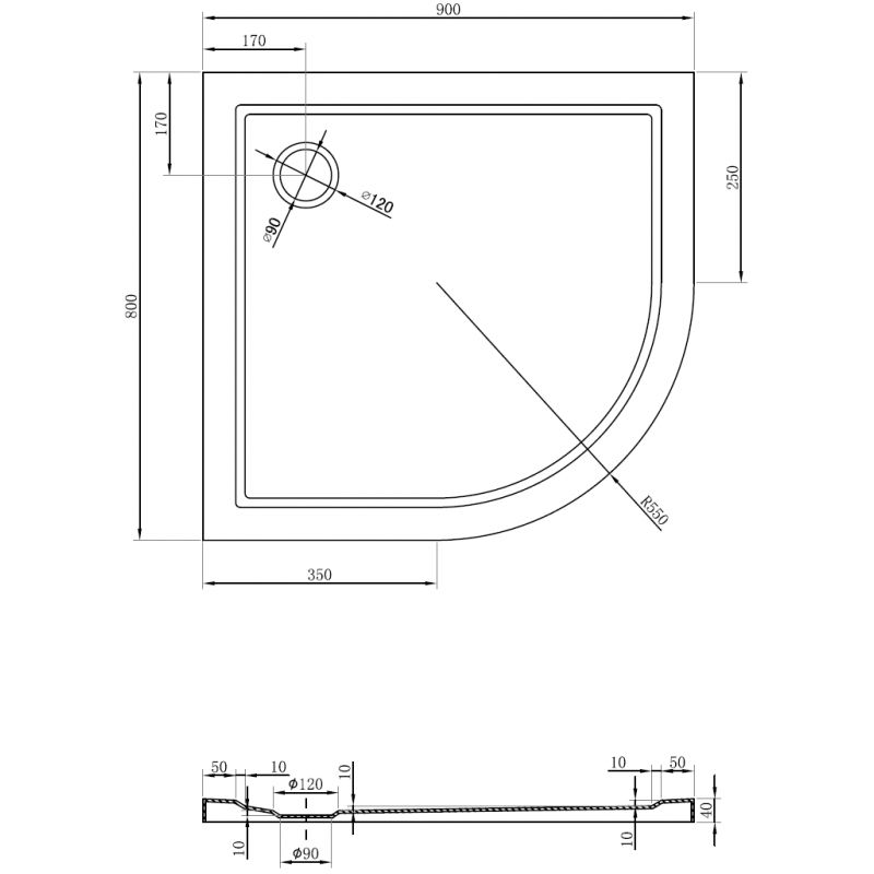 Mexen Flow semicircular asymmetric slim left 90 x 80 cm, black matte - 46Q708090L