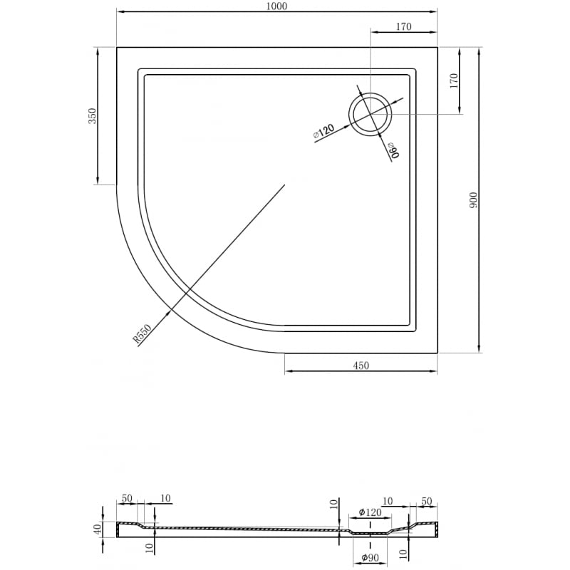 Mexen Flow semi-circular asymmetric slim right shower tray 100 x 90 cm, black matt - 46Q709010R