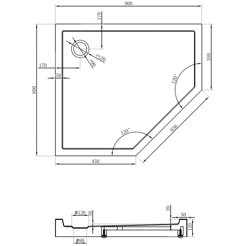 Mexen Flow+ pentagonal tray left 90 x 80 cm, white gloss - 46P108090LH