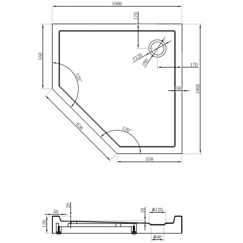 Mexen Flow+ pentagonal shower tray 100 x 100 cm, black matte - 46P701010H